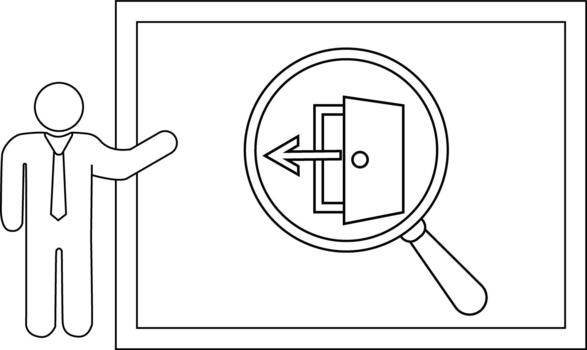 presentador puntos a un salida puerta icono magnificado en un pizarron vector