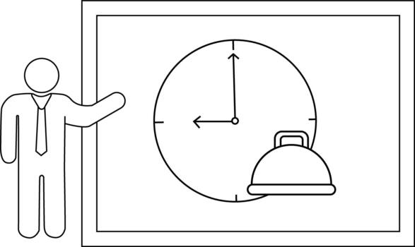 Man points to clock displaying 1245 with food dish on a whiteboard vector