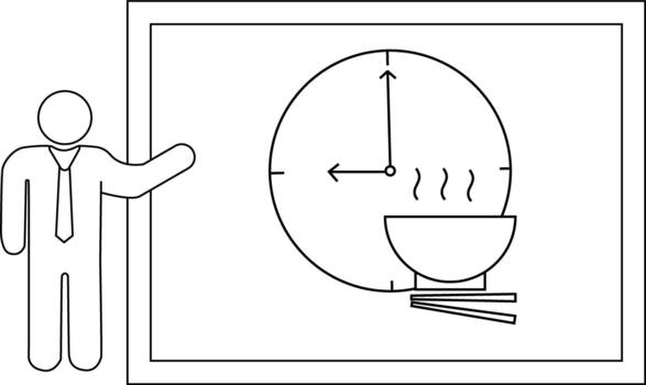 Stick figure points to clock showing time for steaming bowl of noodles on a whiteboard vector