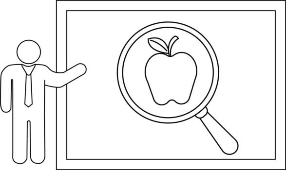 A pictogram of a man gesturing towards a magnifying glass over an apple within a frame vector
