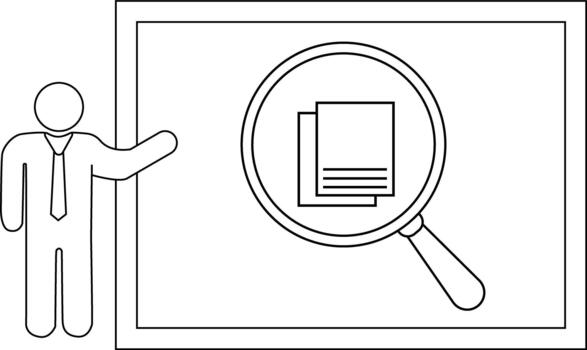 Line drawing shows a figure gesturing to a framed image of documents under a magnifying glass vector