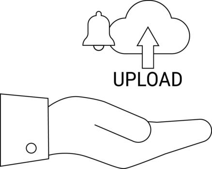 Outline drawing hand offering cloud upload icon with notification bell vector