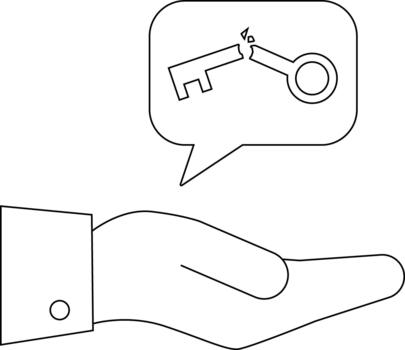 Hand below talk bubble with broken key cufflink visible vector