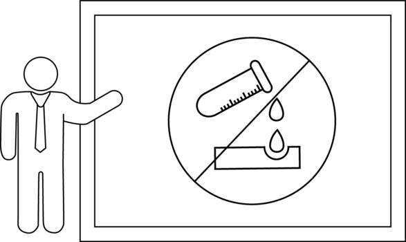 A stick figure presents a sign showing a test tube pouring liquid onto a surface crossed out on a rectangular background vector
