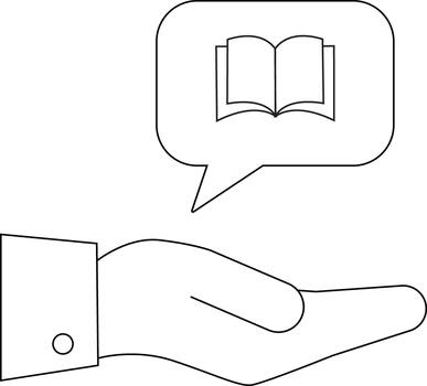 Hand with a sleeve holds a speech bubble with a book inside all in outline style vector