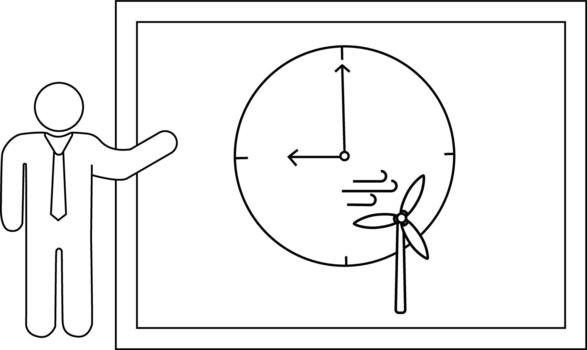 Person points to a whiteboard with a clock wind and windmill drawing vector