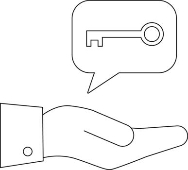 A line drawing shows a hand beneath a speech bubble with a key inside vector