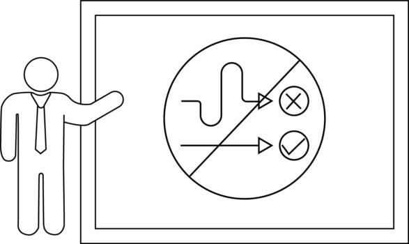 A person presents a diagram illustrating two paths one marked with an X the other with a checkmark vector
