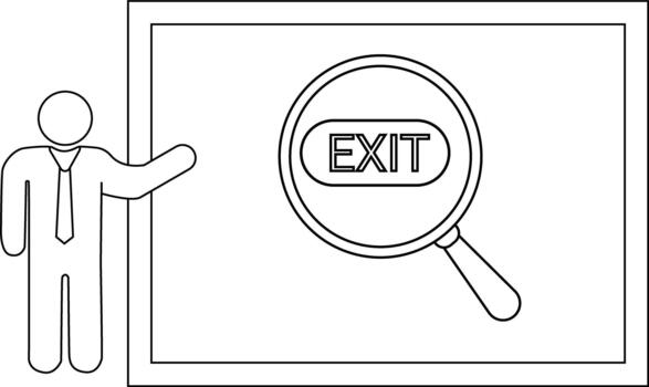 Illustration of a man presenting a framed display with an EXIT sign magnified vector
