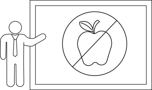 Line drawing presenter stands next to a board with an apple inside a circle crossed out vector