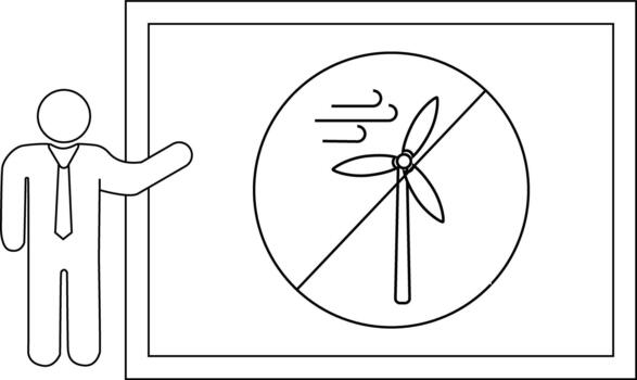 Line drawing of a person presenting a board with a wind turbine and wind speed symbol inside a crossedout circle vector