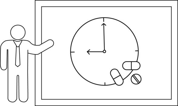 A stick figure is presenting a chart with a clock and medication vector