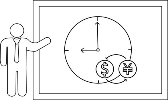 A figure gestures toward a clock showing currency conversion symbolizing timesensitive finance vector