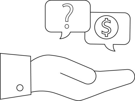 A hand supports speech bubbles with a question mark and dollar sign vector