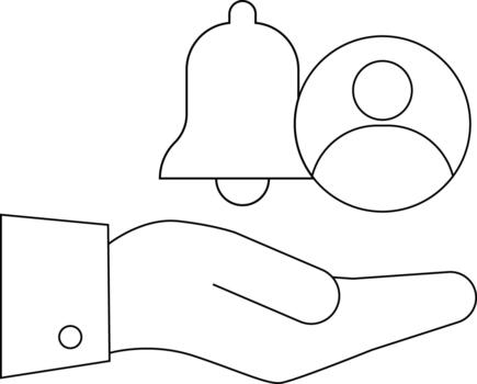 A stylized image shows a hand holding a notification bell and a user icon vector