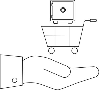 A line drawing shows a safe in a shopping cart over a hand suggesting secure purchasing vector