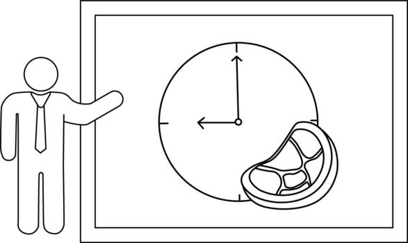 Stick figure points to whiteboard with clock showing 900 and steak image vector