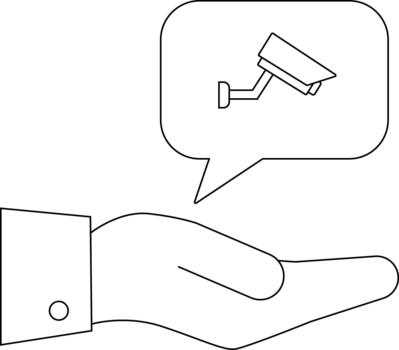 A hand holding a thought bubble of a surveillance camera in a simplistic line drawing vector