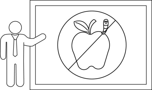 A person gestures towards a board showing an apple with a worm and a no symbol vector