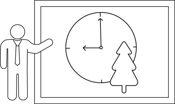 A presenter gestures towards a whiteboard displaying a clock set at 900 AMPM beside a Christmas tree vector