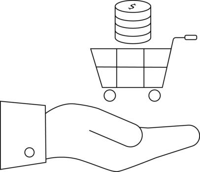 A hand holds a shopping cart topped with stacked coins displaying a dollar sign vector