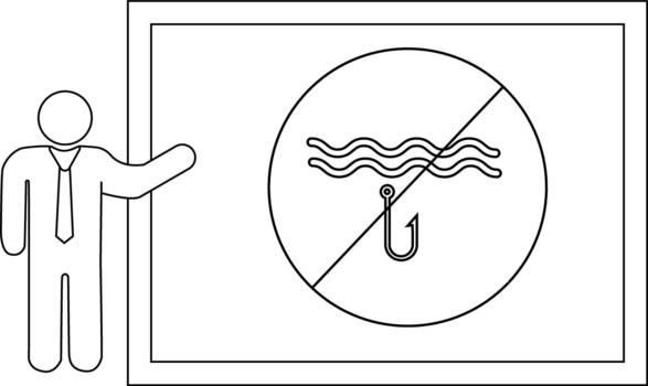 Presentation with No Fishing sign featuring waves hook slash in a bordered rectangle and stick figure presenter vector