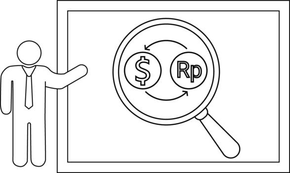 Man points to a screen showing USD and Rupiah coins under a magnifying glass vector