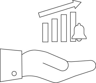 Outline of a hand holding a rising bar graph with a notification bell and upward arrow vector