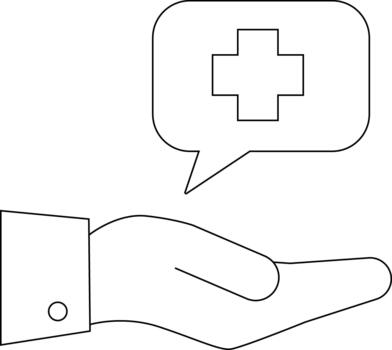 Line drawing of a hand presenting a medical cross in a speech bubble on a white background vector