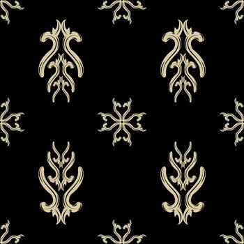 Delicate authentic scroll ornament hand drawn seamless pattern with royal gold on black background. Mystery medieval baroque gothic style dark and light luxury design for all decoration, tiles, carpet vector
