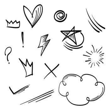 Doodle emphasis design elements on set. Design elements star, cloud, heart, flash, crown for concept design. isolated on white background vector