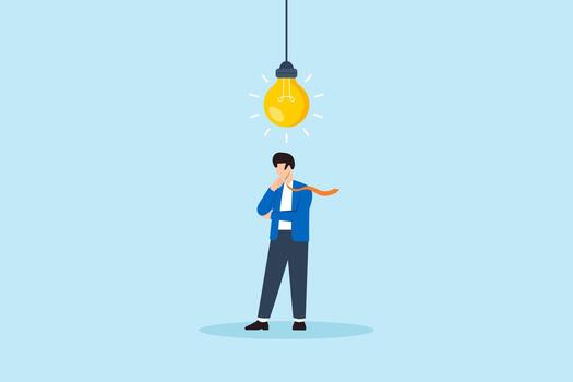 Flat illustration of businessman thinking under hanging light bulb symbolizing idea inspiration problem solving innovation and decision making vector