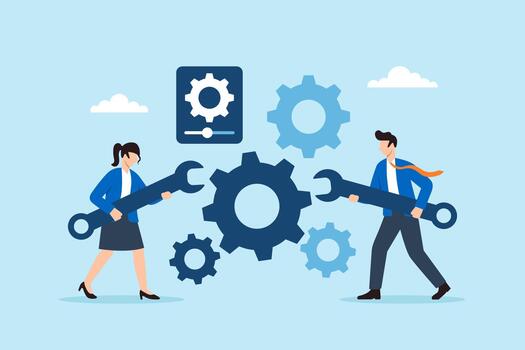 Flat illustration of businessman and businesswoman adjusting gears and settings to optimize workflow processes symbolizing teamwork operational efficiency and continuous business improvement vector