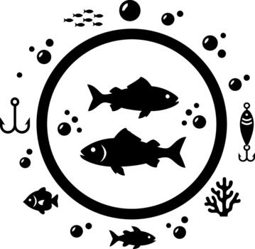 fish and other objects in a circle with a black background vector