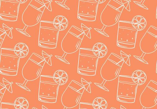 Seamless pattern with sketch glass and a slice of lemon on orange background vector