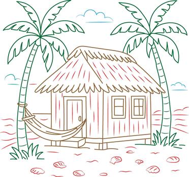 Tropical beach hut with hammock and palm trees in line art style vector