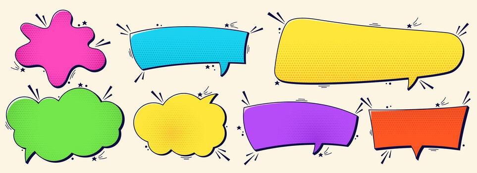 conjunto con vacío ocho color cómic habla burbujas y trama de semitonos elementos. vector