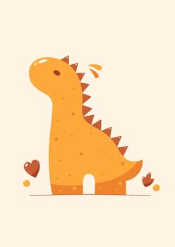 A poster or card with a dino drawn in soft bohemian colors with tiny elements around. vector