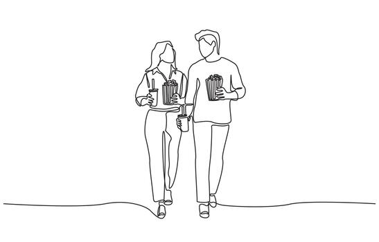 Continuous one line drawing of couple walking together while holding popcorn and drinks, representing movie date, leisure time, or casual outing, single line art. vector