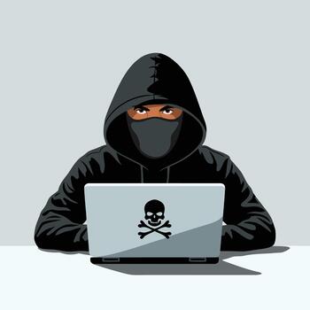 dibujos animados hacker en negro capucha y máscara utilizando ordenador portátil con cráneo símbolo para la seguridad cibernética y digital amenaza diseño vector