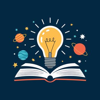 Open book with glowing light bulb and planets illustration representing creativity knowledge imagination and learning perfect for education themes study concepts and inspiration graphics vector
