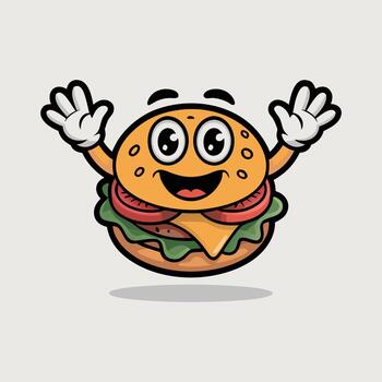 Cartoon hamburger character with smiling face, raised hands, and floating pose for fun food design vector