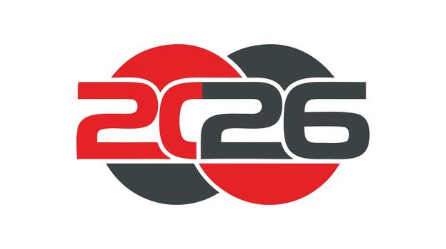 Modern 2026 typography design with red and dark gray overlapping circles stylish new year graphic for branding posters calendars and celebration themes vector