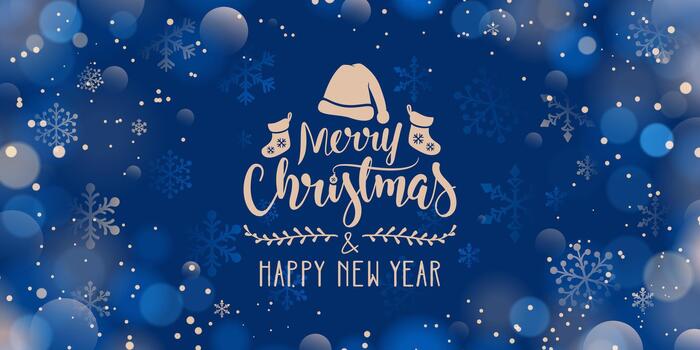 merry christmas and happy new year blue golden abstract bokeh and snowflakes background with typography vector