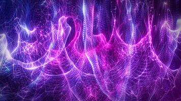 Futuristic wave smooth animation of glowing purple and pink particles forming a dynamic neural network. Abstract digital background perfect for technology, data video