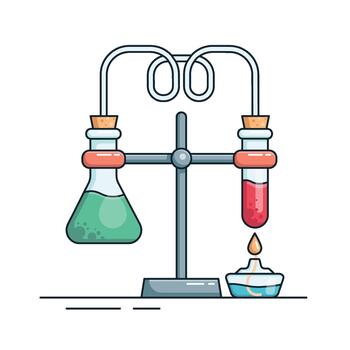 Laboratory chemical experiment. Test tube and flask in a tripod over a burner. The concept of scientific research, chemical analysis, and the production of new substances vector