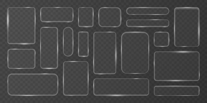 Glassmorphism elements set. Liquid glass effect boxes. Rectangle, square, rounded shapes. Abstract frosted 3d border for modern ui displays, screen. Futuristic digital button vector