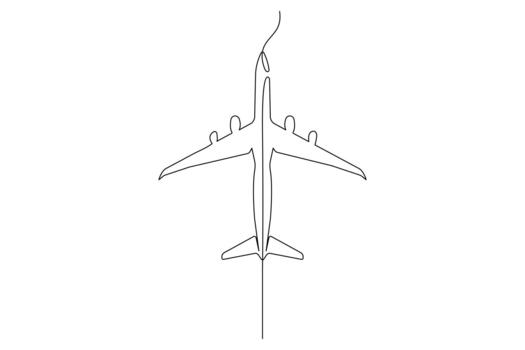 Continuous line drawing of a passenger airplane, top view, minimal art illustration vector