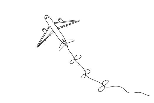 Continuous line drawing of airplane flying with journey trail illustration vector