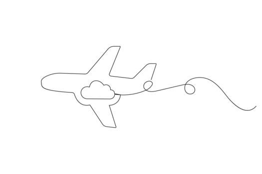 Continuous line drawing airplane flying with cloud and flight path illustration vector